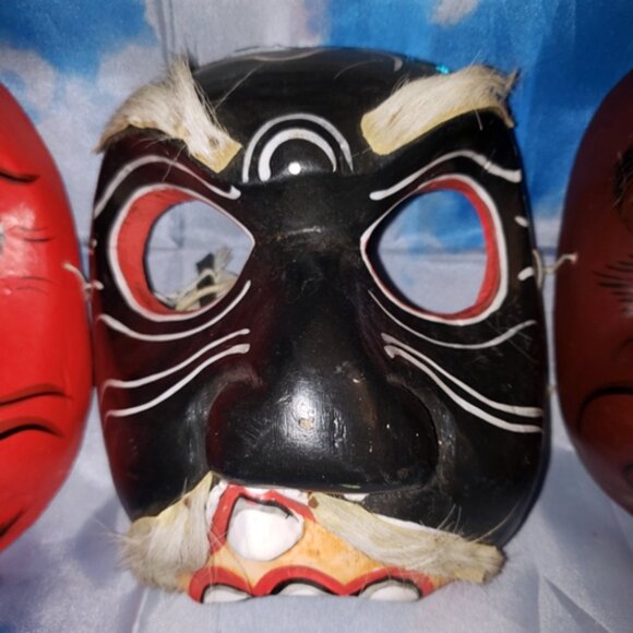 5 - Vtg Wood Indonesia Bali Topeng Dance Theater Demon Half-Masks Handcrafted - Picture 4 of 11